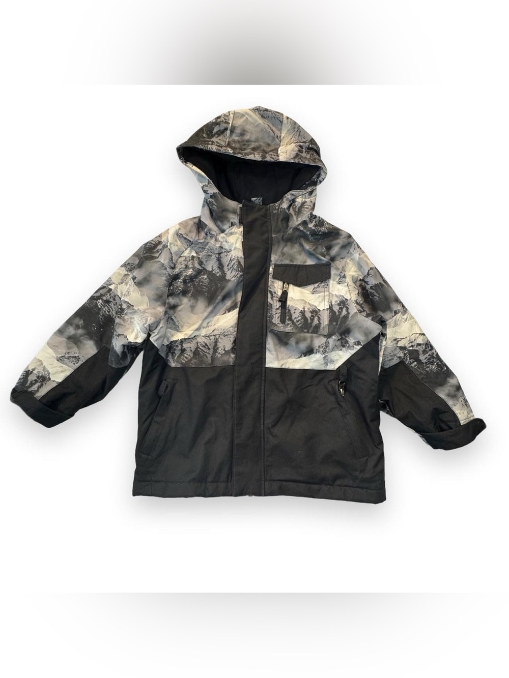 Swiss Tech Winter Jacket Size XS 4/5 Black White Mountain Print Hooded Warm